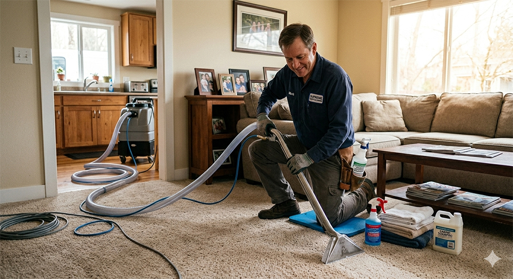 Carpet cleaning specialist steam cleaning a carpet